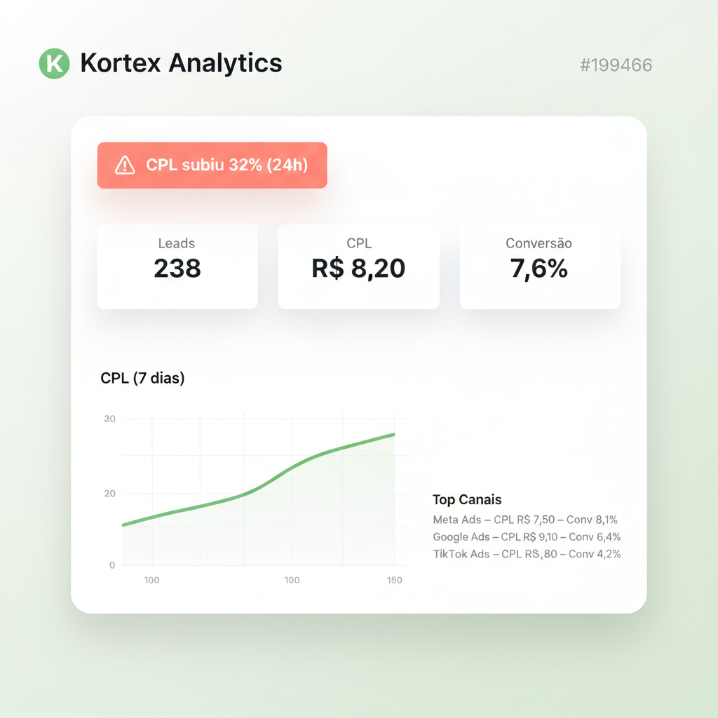 Painel de analytics Kortex com leads, CPL e conversão